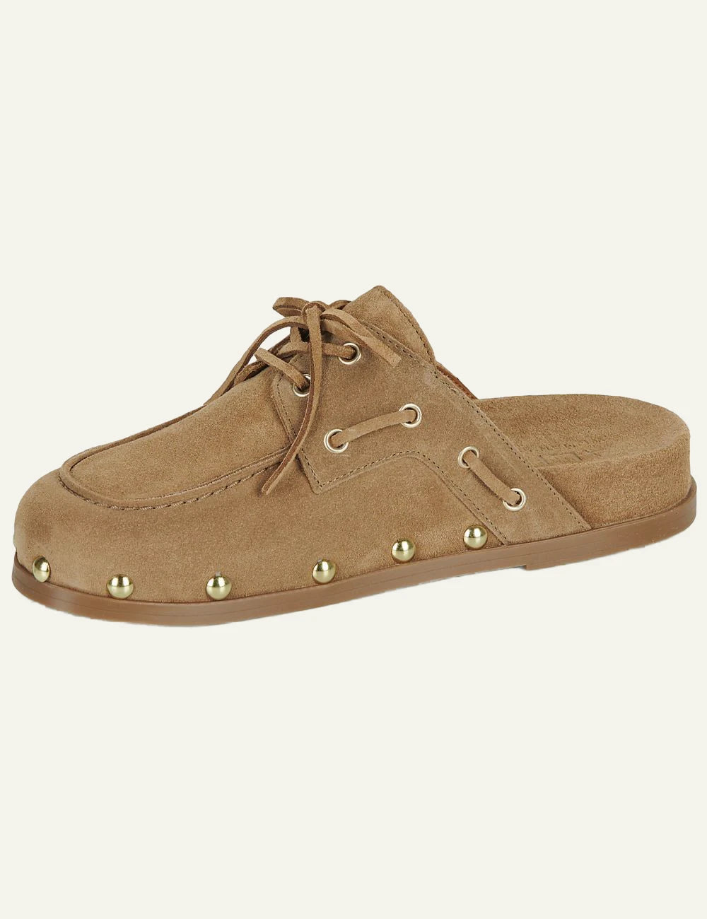 Alpe clogs suede taba lace up studs profile view