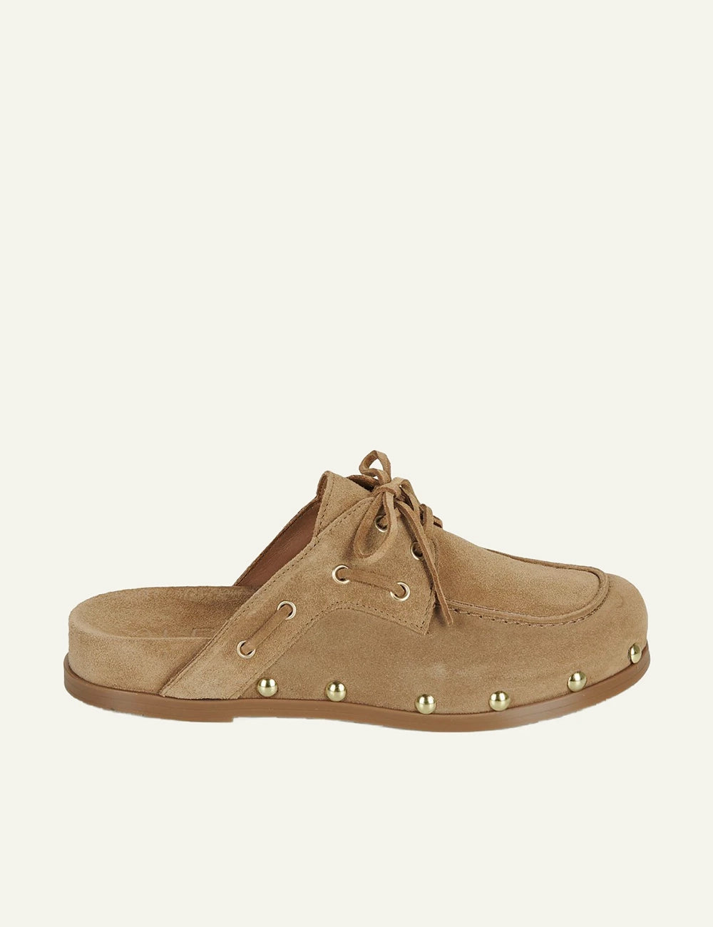 Alpe clogs suede taba lace up studs side view