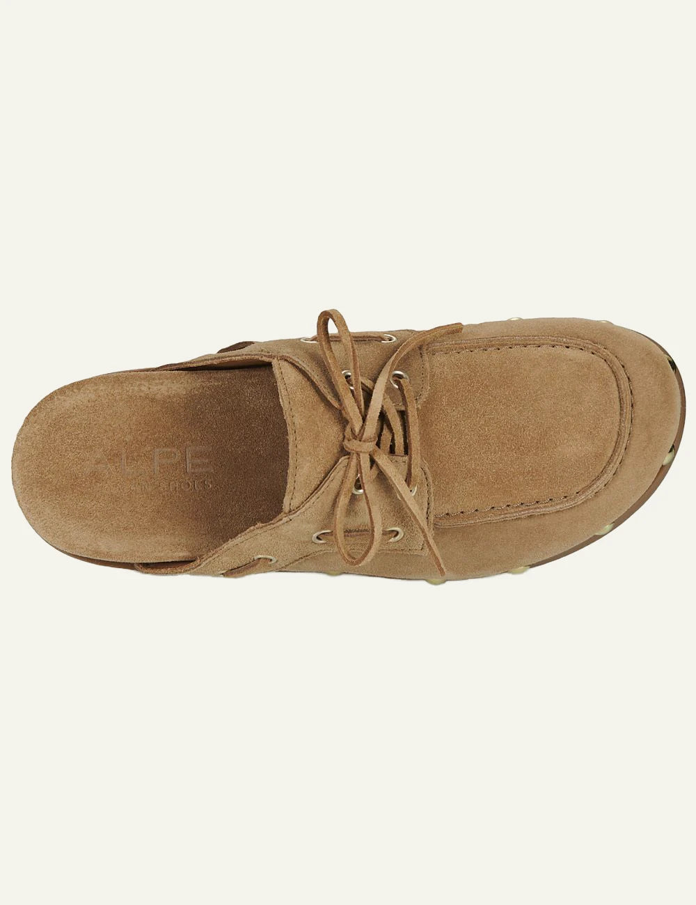 Alpe clogs suede taba lace up studs top view