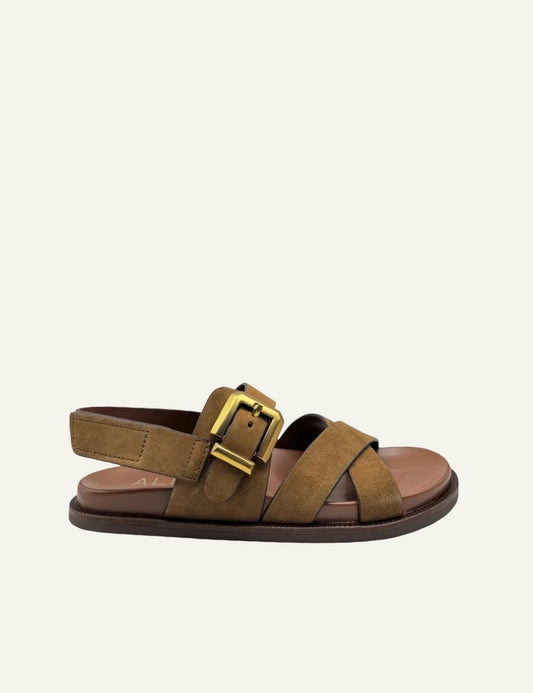 Alpe sandals suede taba double strap gold buckle side