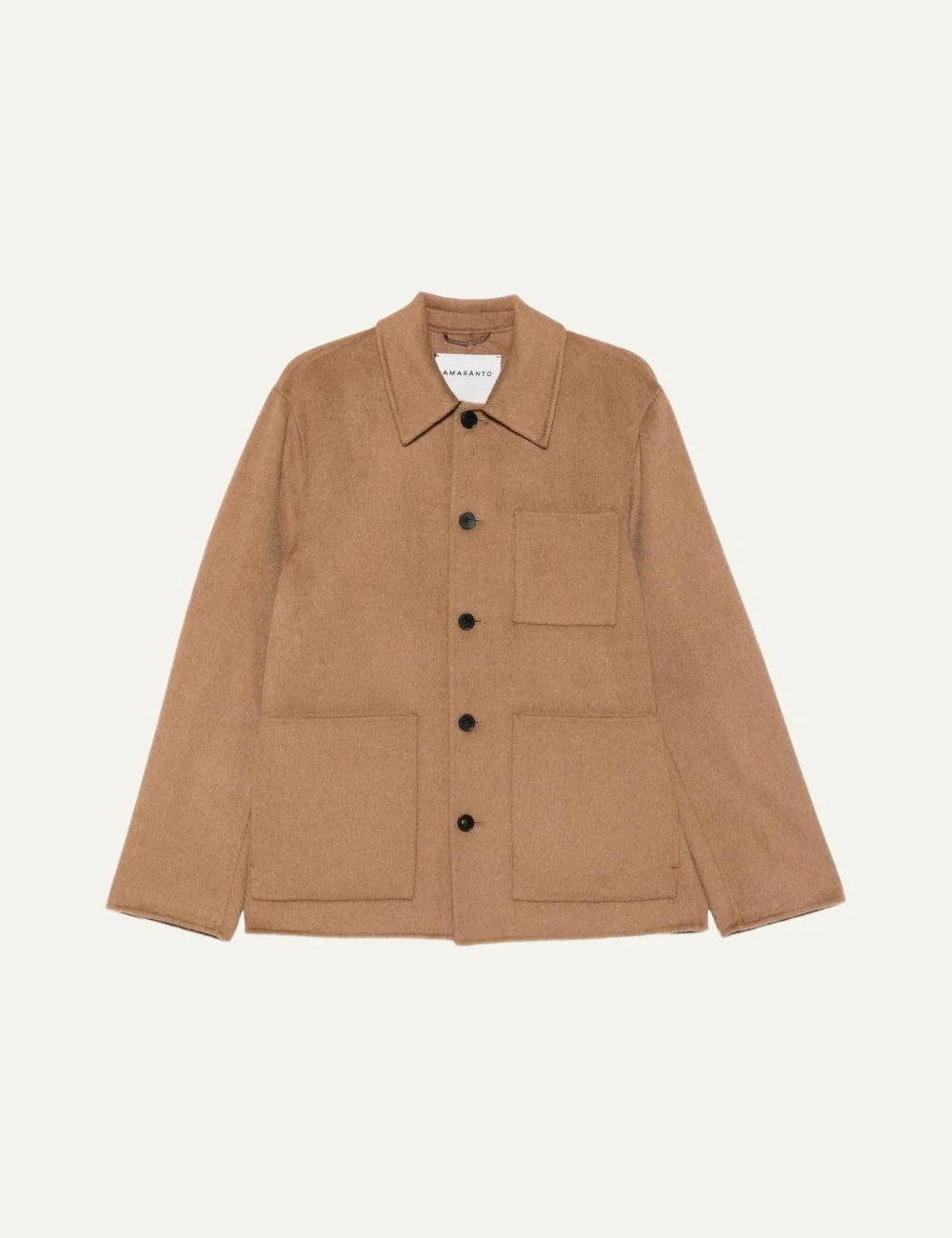 Men's Amaranto camel brown wool and cashmere jacket with classic collar, front button fastening and three patch pockets, product shot