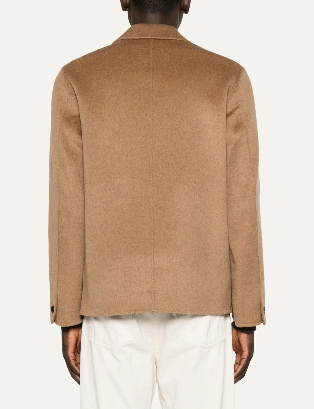 Men's Amaranto camel brown wool and cashmere jacket with classic collar, front button fastening and three patch pockets, back view