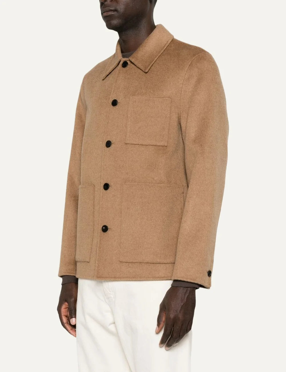 Men's Amaranto camel brown wool and cashmere jacket with classic collar, front button fastening and three patch pockets, side view