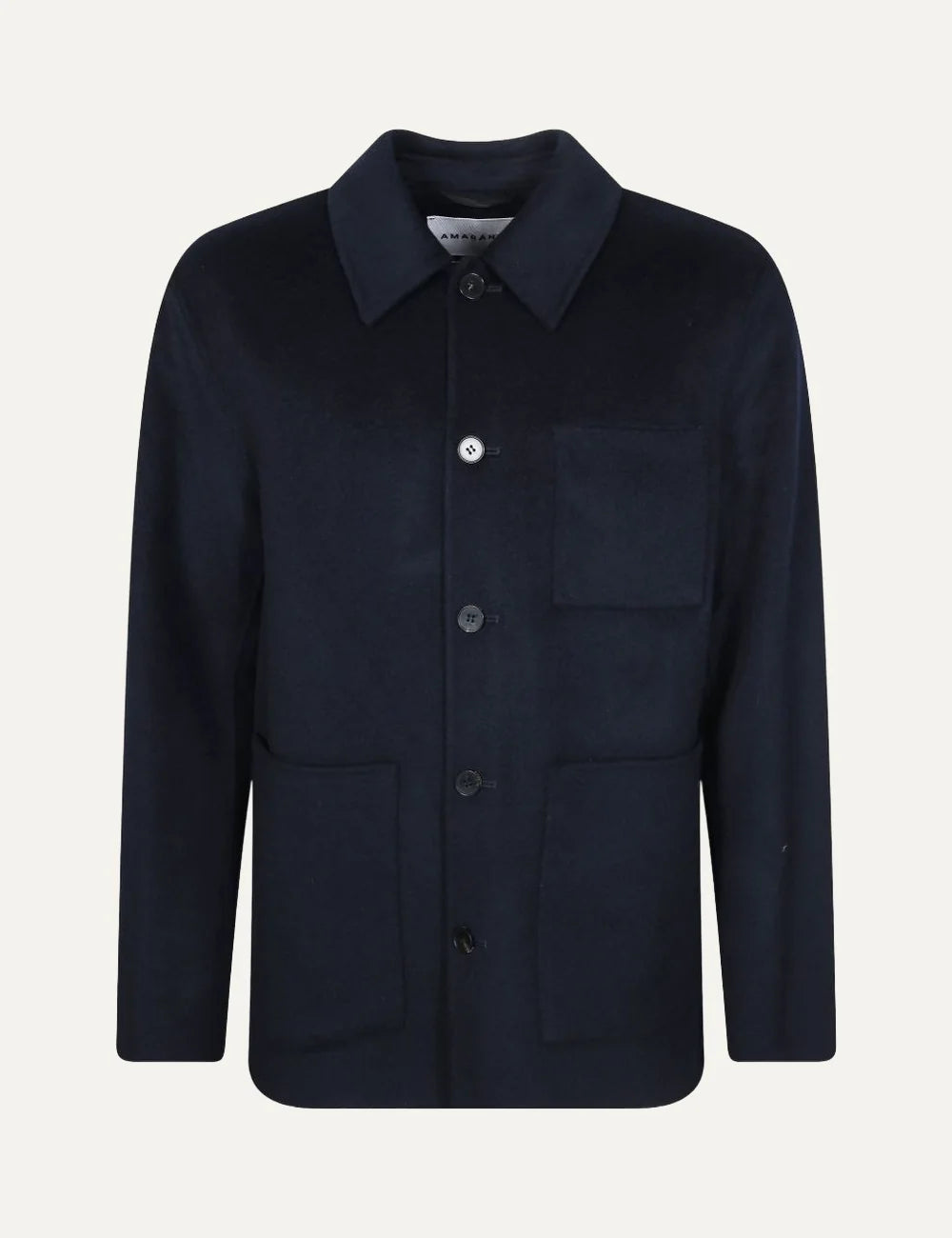Men's Amaranto navy blue wool and cashmere jacket with classic collar, front button fastening and three patch pockets, front view