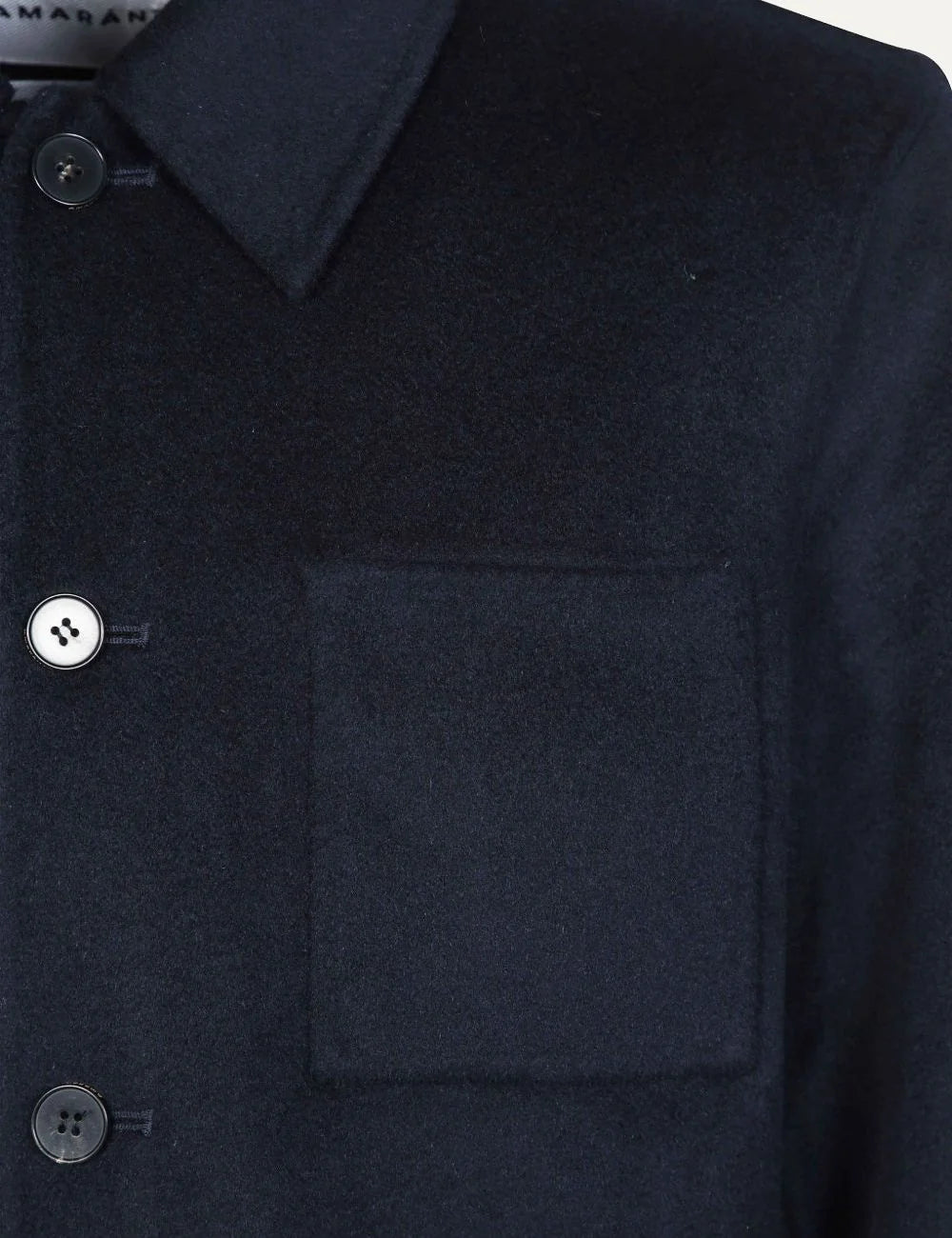 Men's Amaranto navy blue wool and cashmere jacket with classic collar, front button fastening and three patch pockets, close up details