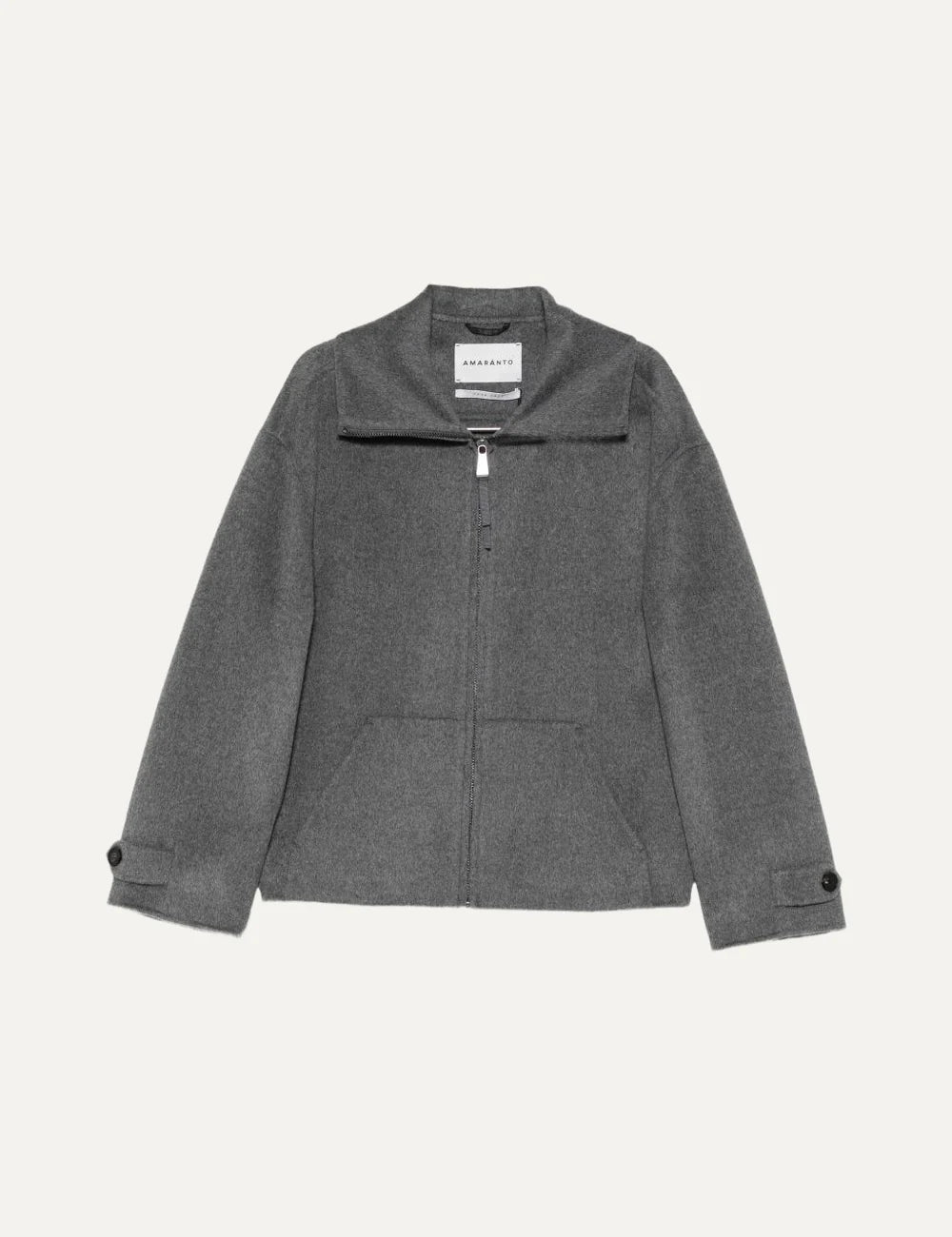 Men's Amaranto ash grey wool and cashmere bomber jacket with high collar, front zip and button tab cuffs, product shot