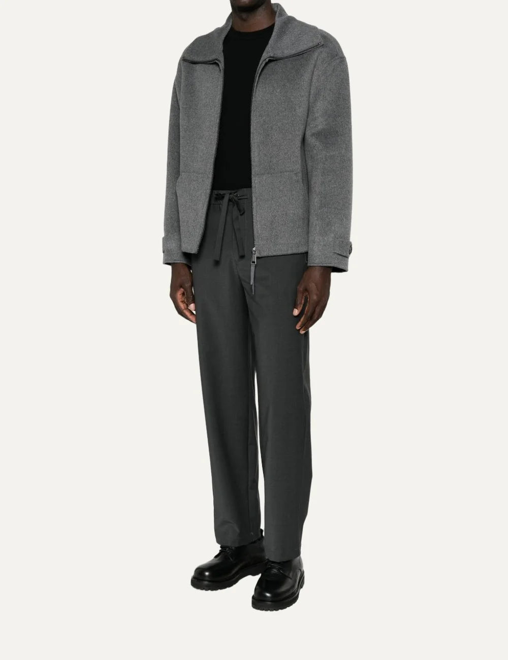 Men's Amaranto ash grey wool and cashmere bomber jacket with high collar, front zip and button tab cuffs,  full look