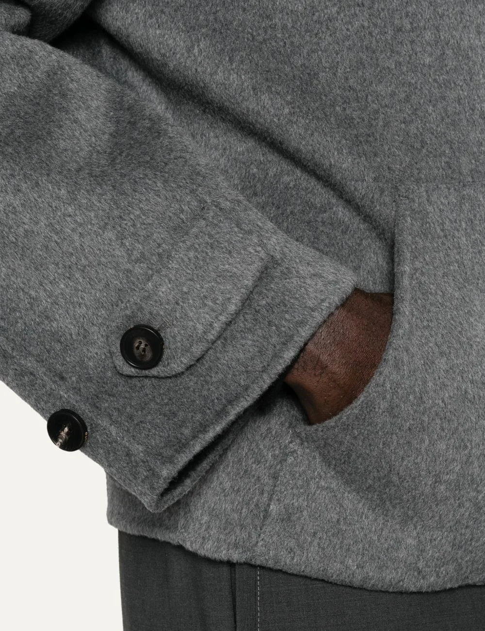 Men's Amaranto ash grey wool and cashmere bomber jacket with high collar, front zip and button tab cuffs,  pocket details