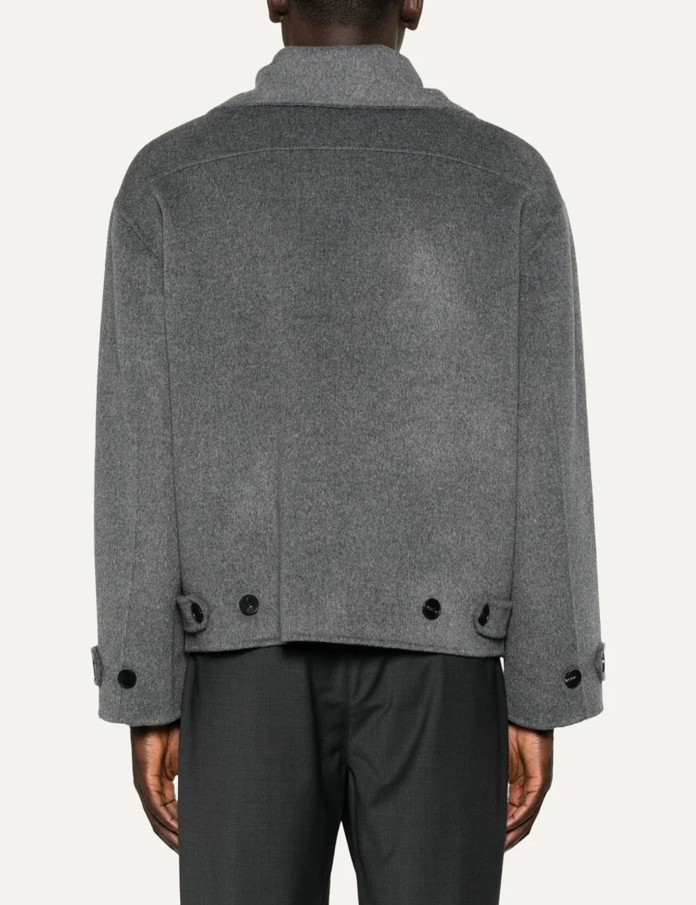 Men's Amaranto ash grey wool and cashmere bomber jacket with high collar, front zip and button tab cuffs,  back view