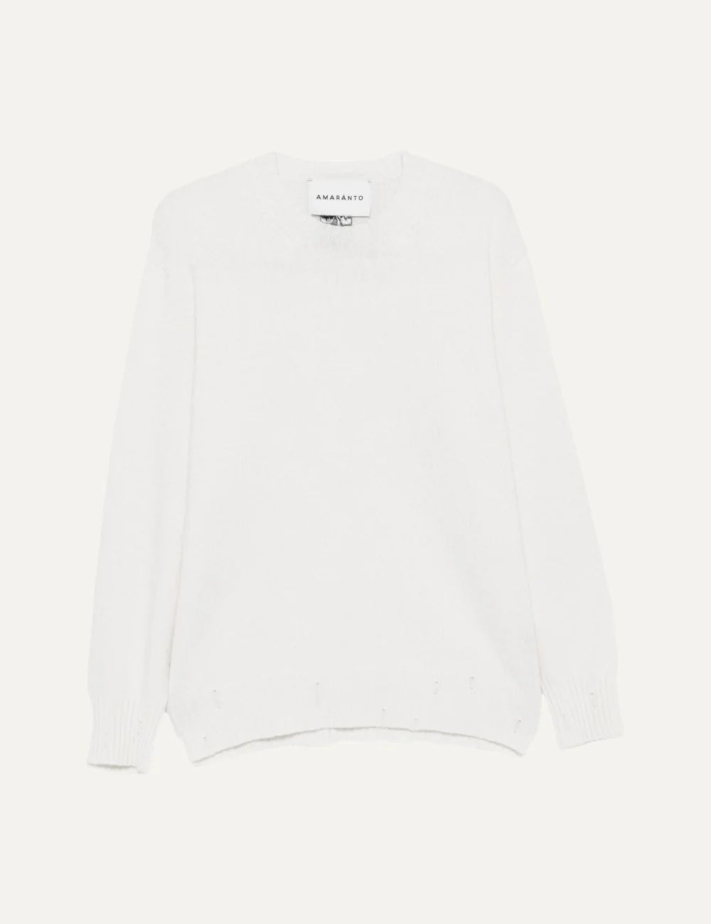 Men's Amaranto cream white wool and cashmere crew neck sweater with subtle distressed details and ribbed cuffs, product shot