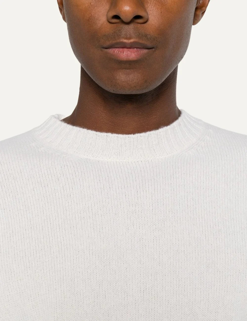 Men's Amaranto cream white wool and cashmere crew neck sweater with subtle distressed details and ribbed cuffs, neck details