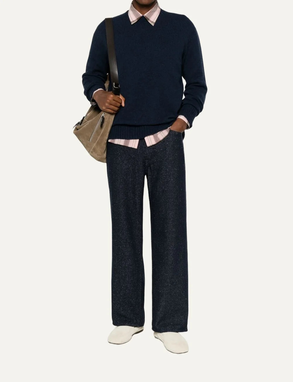 Men's Amaranto navy blue wool and cashmere crew neck sweater with ribbed cuffs and hem, full look