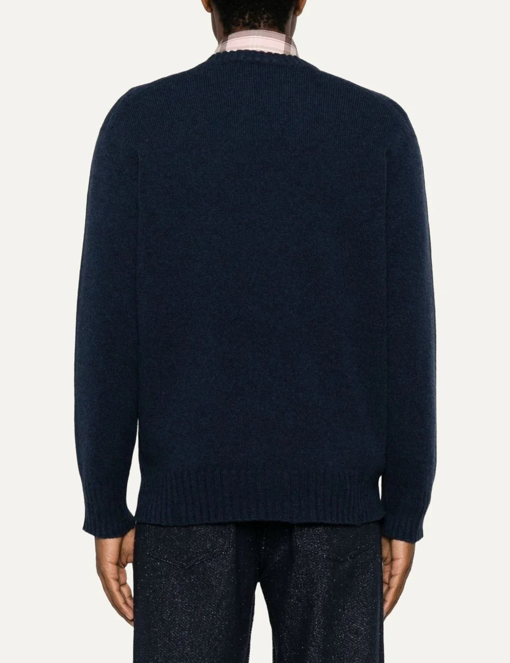 Men's Amaranto navy blue wool and cashmere crew neck sweater with ribbed cuffs and hem. back view