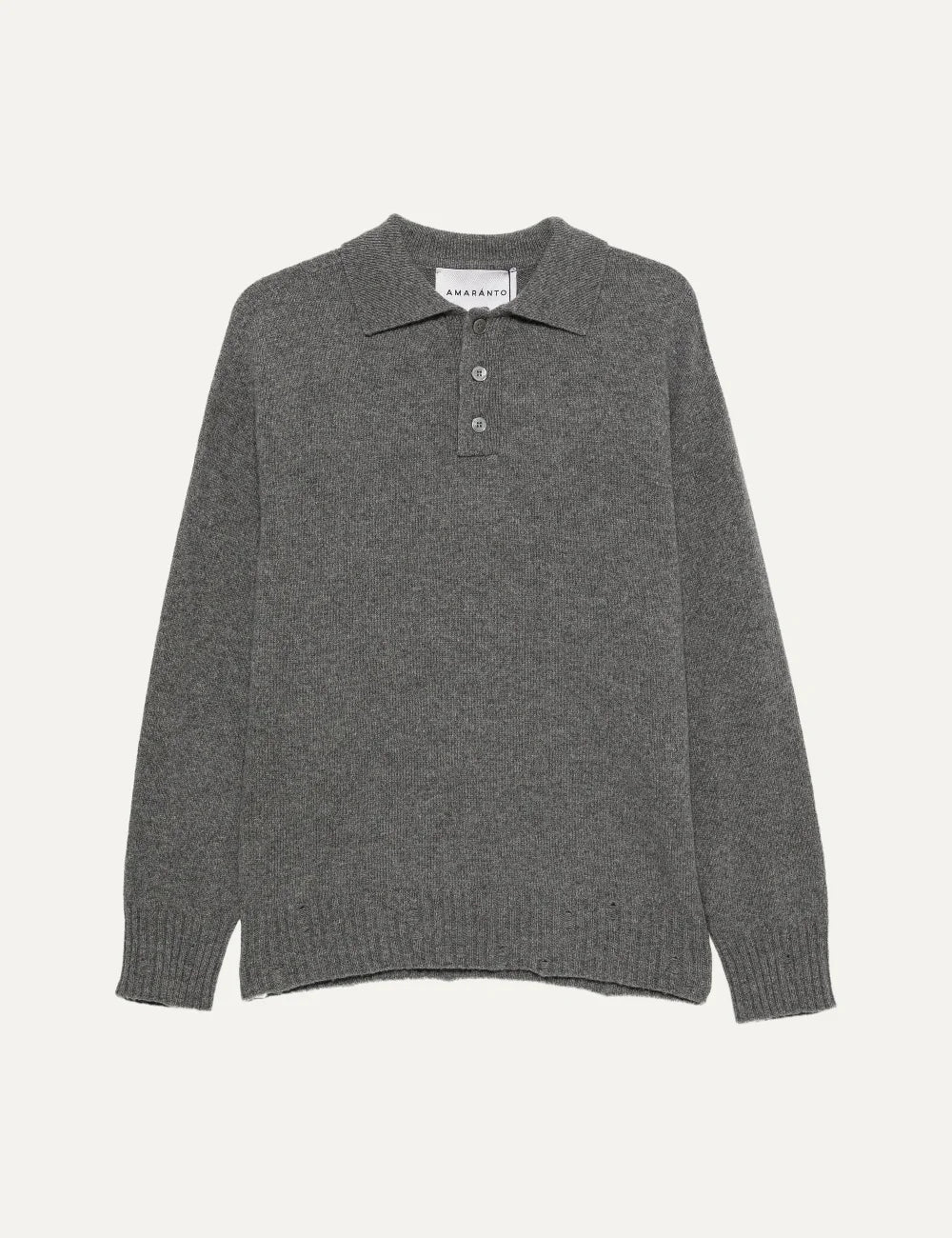 Men's Amaranto grey wool and cashmere knit polo sweater with three-button placket, long sleeves and ribbed trims, product shot