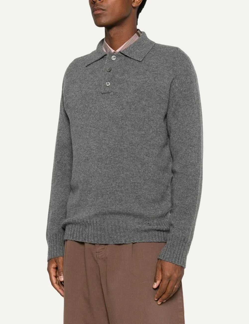 Men's Amaranto grey wool and cashmere knit polo sweater with three-button placket, long sleeves and ribbed trims, side view