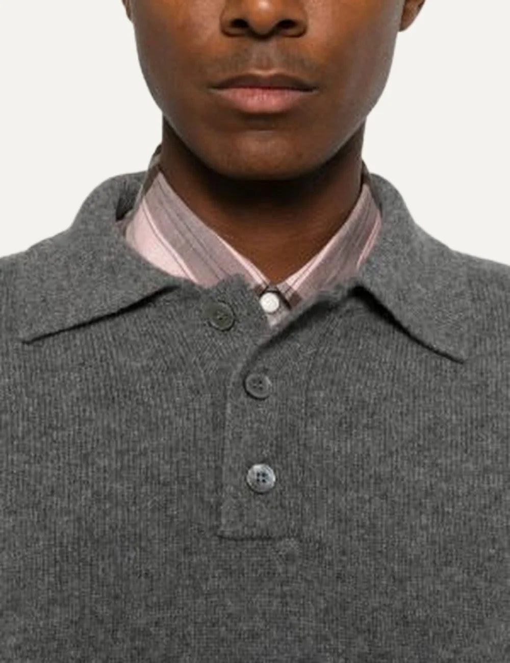 Men's Amaranto grey wool and cashmere knit polo sweater with three-button placket, long sleeves and ribbed trims, button details
