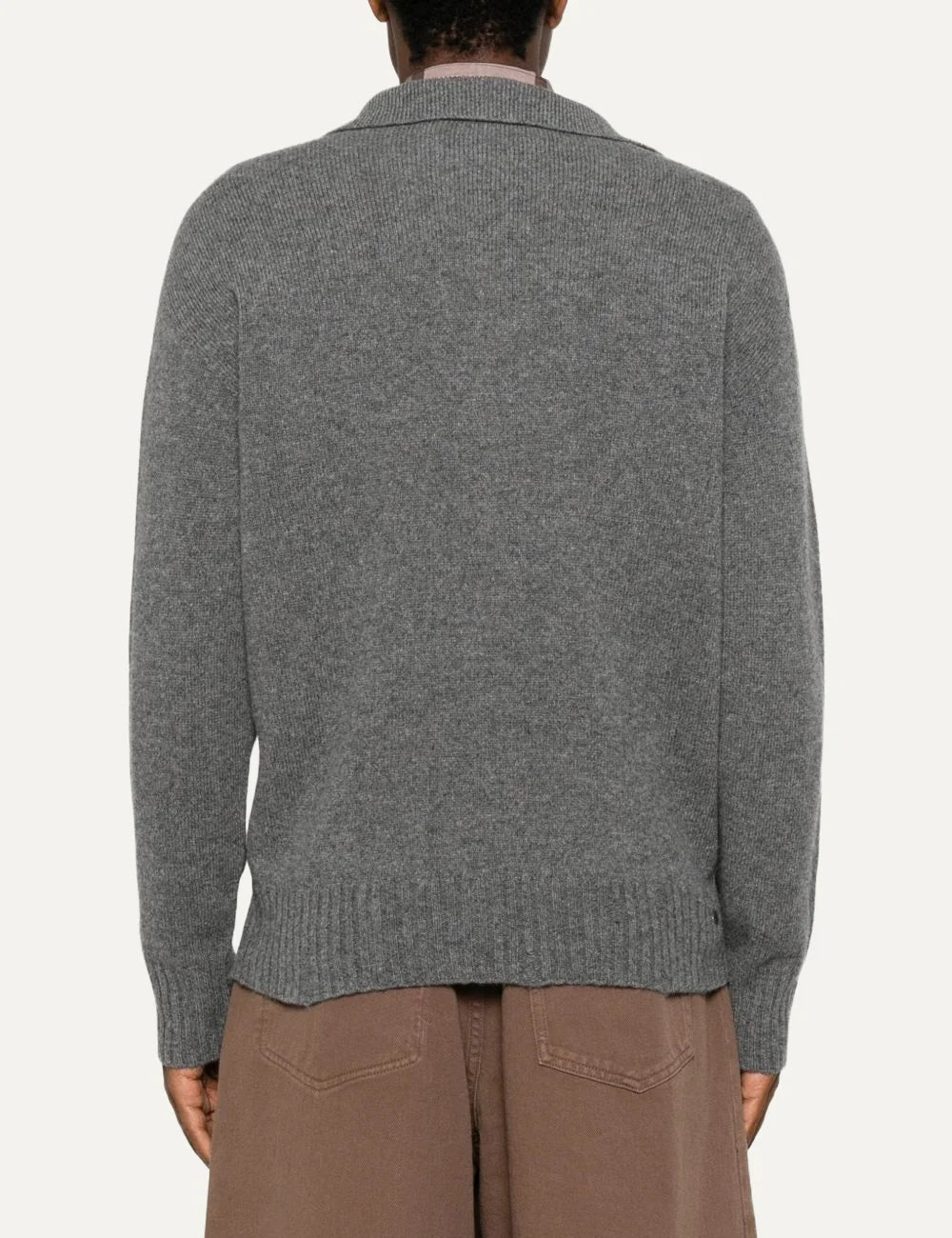 Men's Amaranto grey wool and cashmere knit polo sweater with three-button placket, long sleeves and ribbed trims, back view