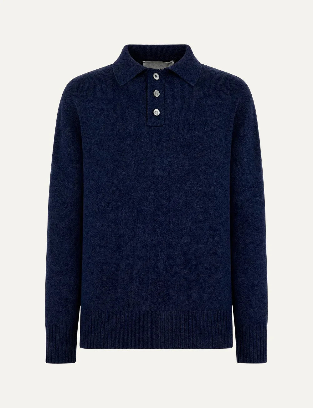 Men's Amaranto navy blue wool and cashmere knitted polo sweater with three-button placket and ribbed cuffs and hem, front view