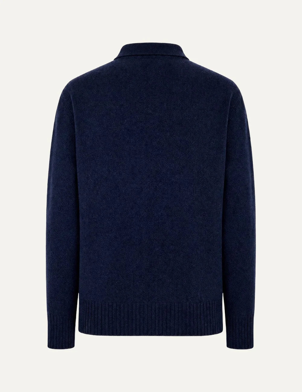 Men's Amaranto navy blue wool and cashmere knitted polo sweater with three-button placket and ribbed cuffs and hem, back view