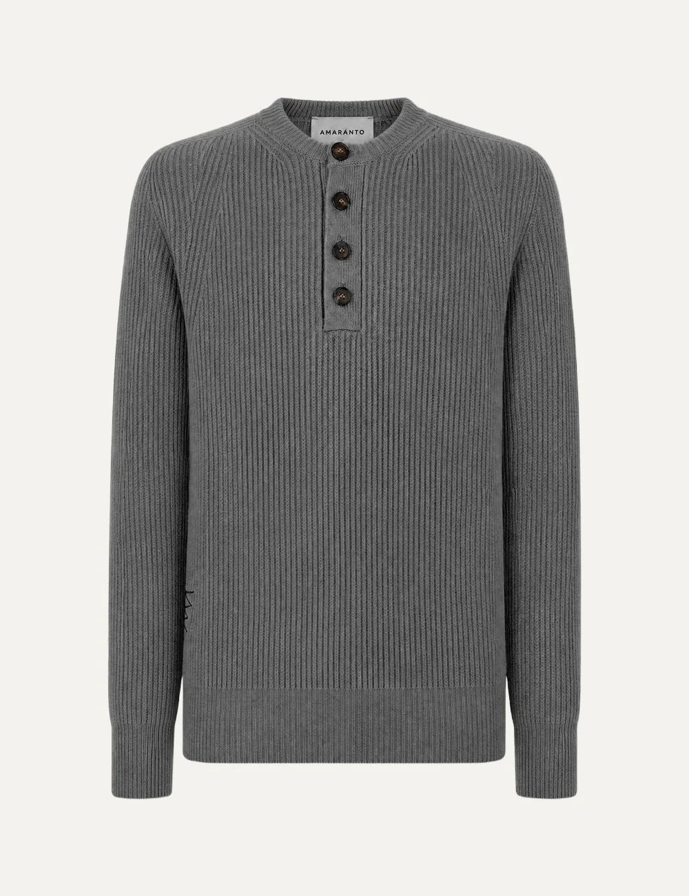 Men's Amaranto grey ribbed wool and cashmere sweater with four-button neckline and long sleeves, front view