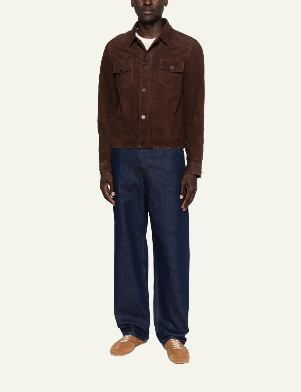 Amaranto brown suede leather jacket front full body view