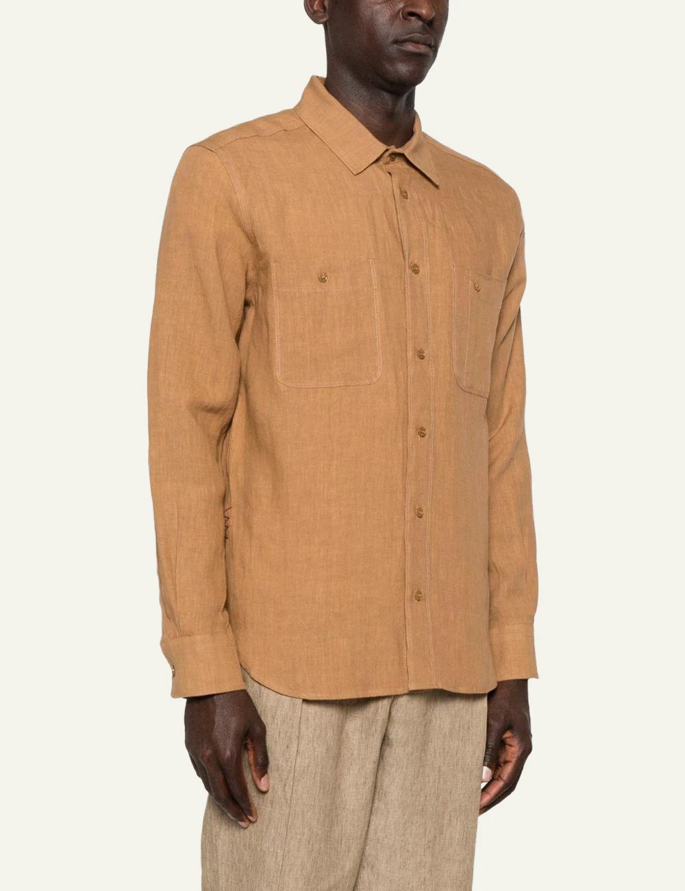 Amaranto camel linen shirt long sleeve side