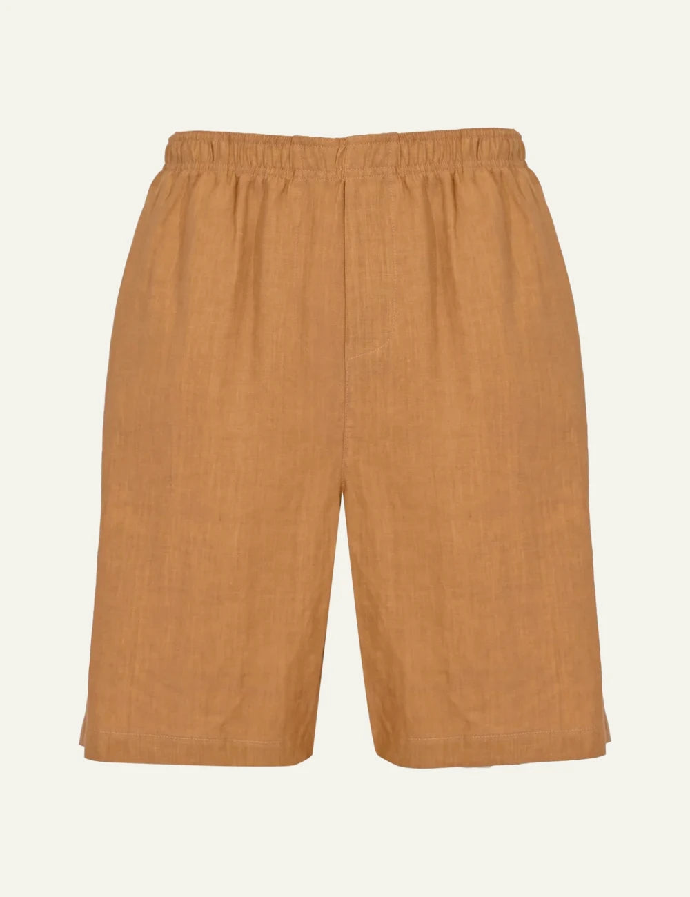 Amaranto camel linen shorts front view
