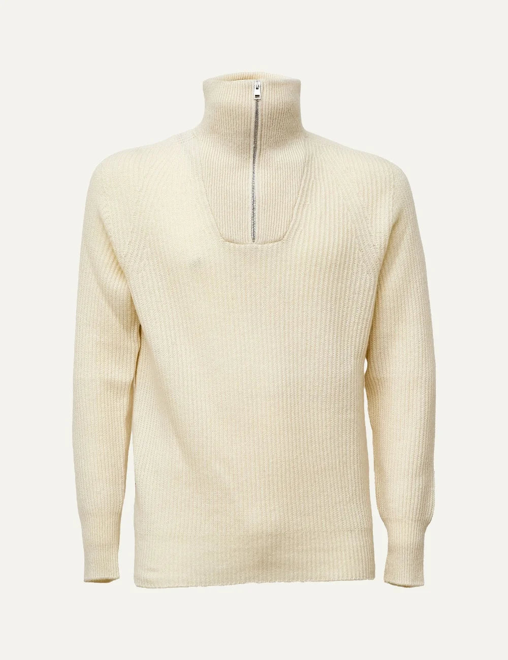 Men's Amaranto cream white ribbed knit sweater with high neck, silver-tone half zip and raglan sleeves, front view
