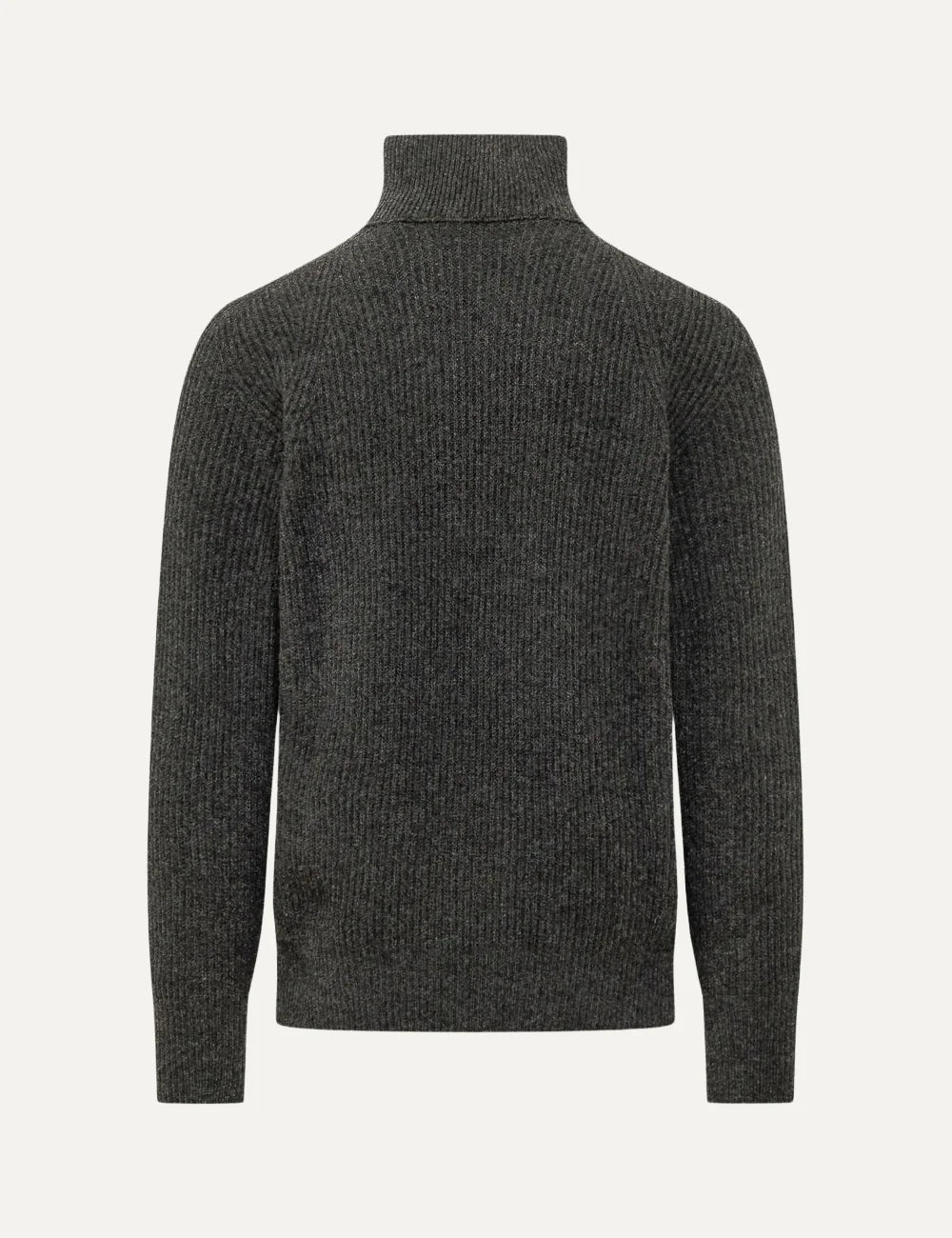 Men's Amaranto dark grey ribbed cashmere blend sweater with high collar, half zip closure and long sleeves, back view