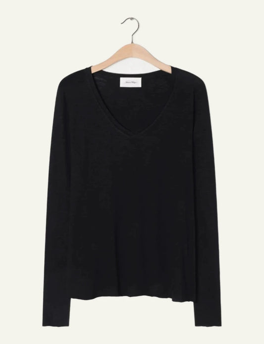 american vintage black long sleeve top v-neck lightweight front flat view