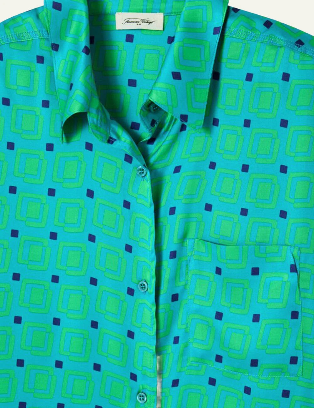 American Vintage Bovalow shirt green printed short sleeve loose fit button front detail