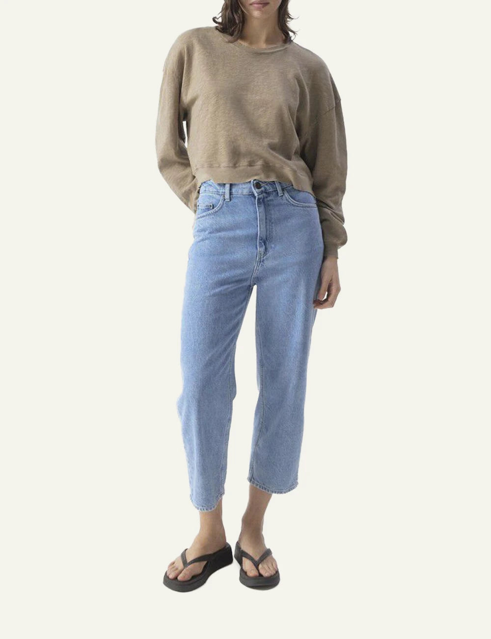 American Vintage cropped sweatshirt beige long sleeve front full body view