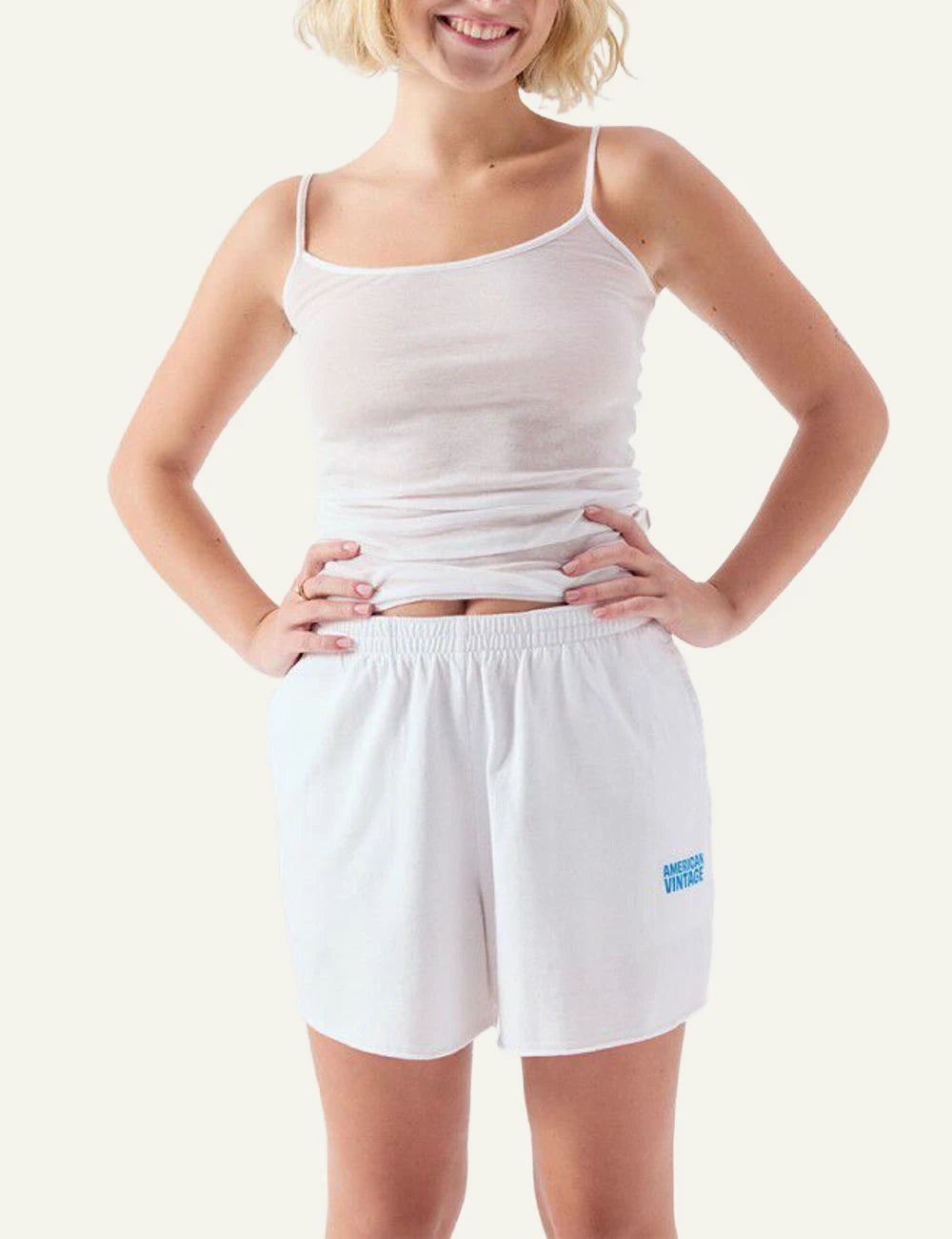 American Vintage Gixy shorts white cotton elastic waist blue logo front full body