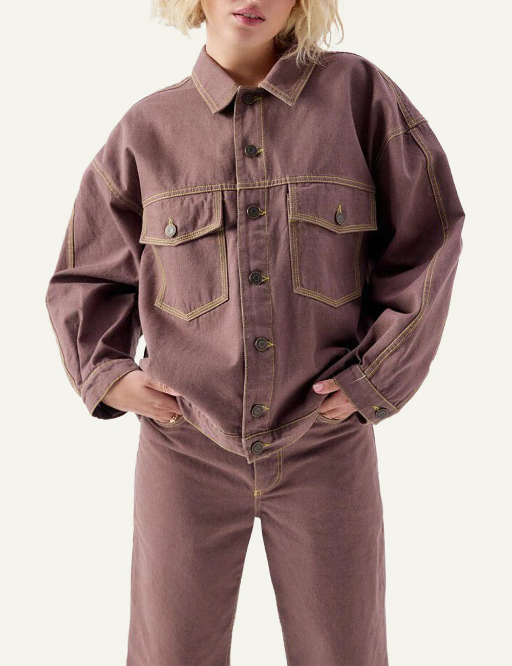 American Vintage Grezbay jacket brown denim button front model chest pockets contrast stitching