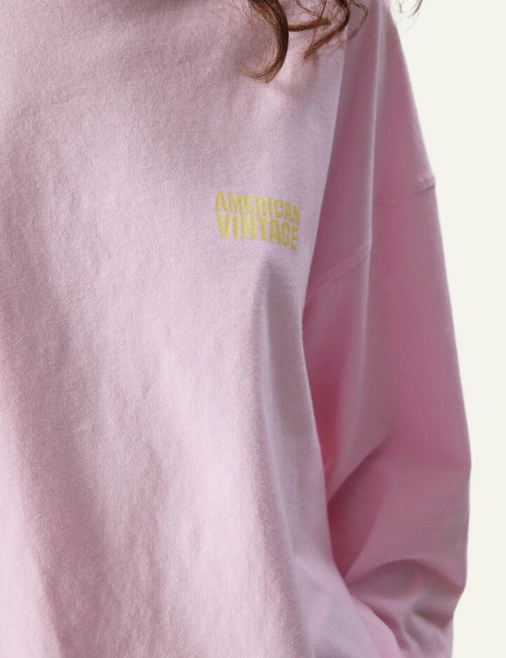 american vintage long sleeve t-shirt pink relaxed front logo front detail view