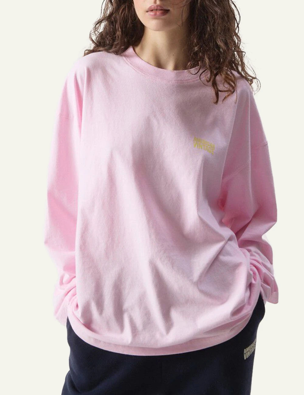 american vintage long sleeve t-shirt pink relaxed front logo front model view