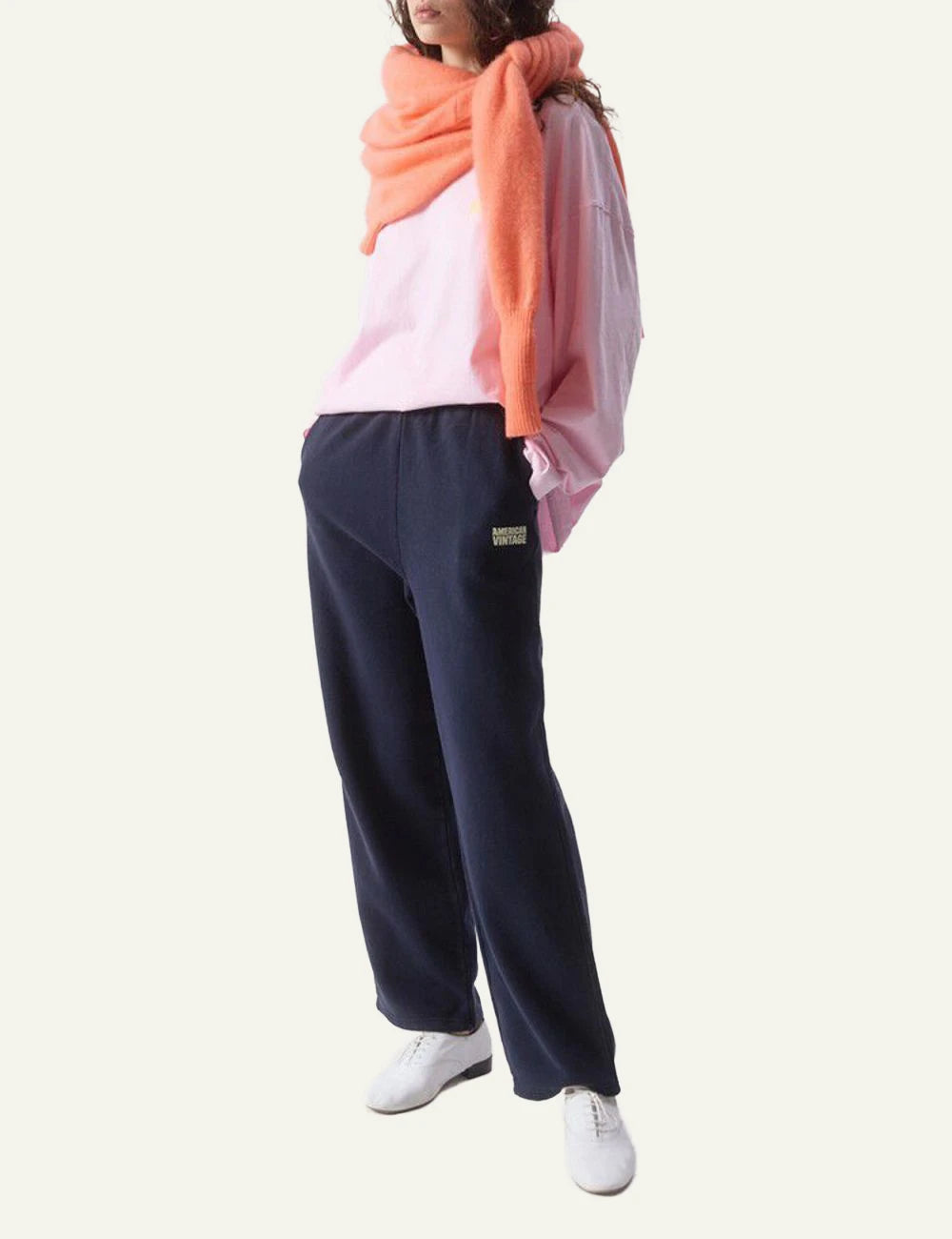 american vintage long sleeve t-shirt pink relaxed front logo front full body view
