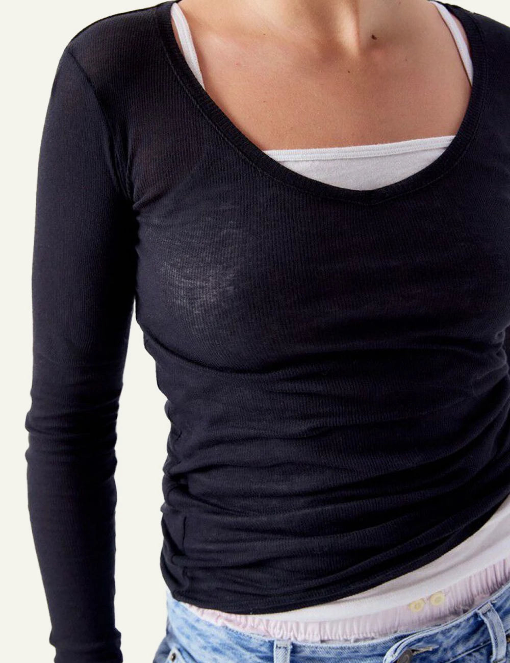 american vintage long sleeve top black v-neck fitted front detail view