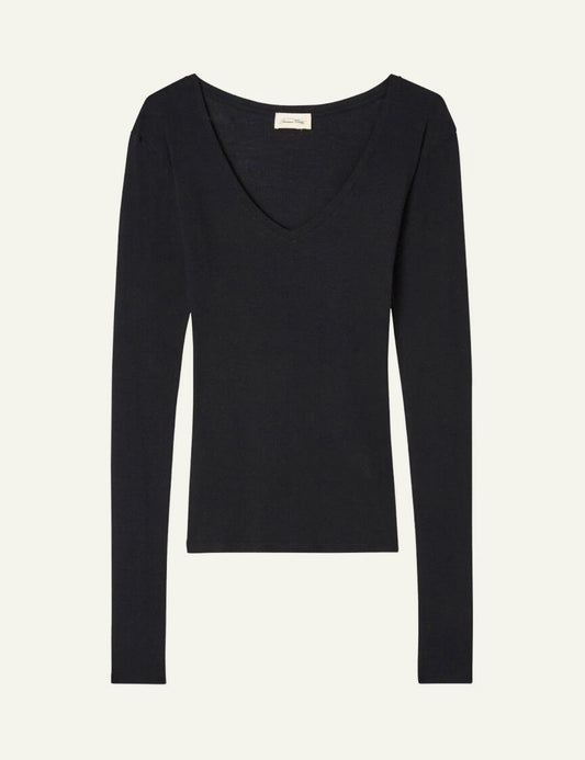 american vintage long sleeve top black v-neck fitted front flat view