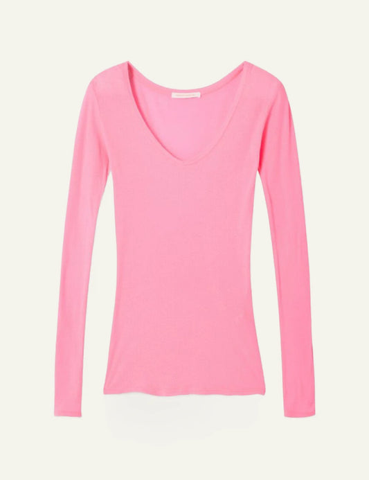 american vintage long sleeve top pink v-neck fitted front flat view