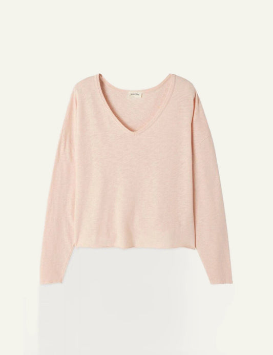 american vintage long sleeve top pink v-neck relaxed fit front flat view
