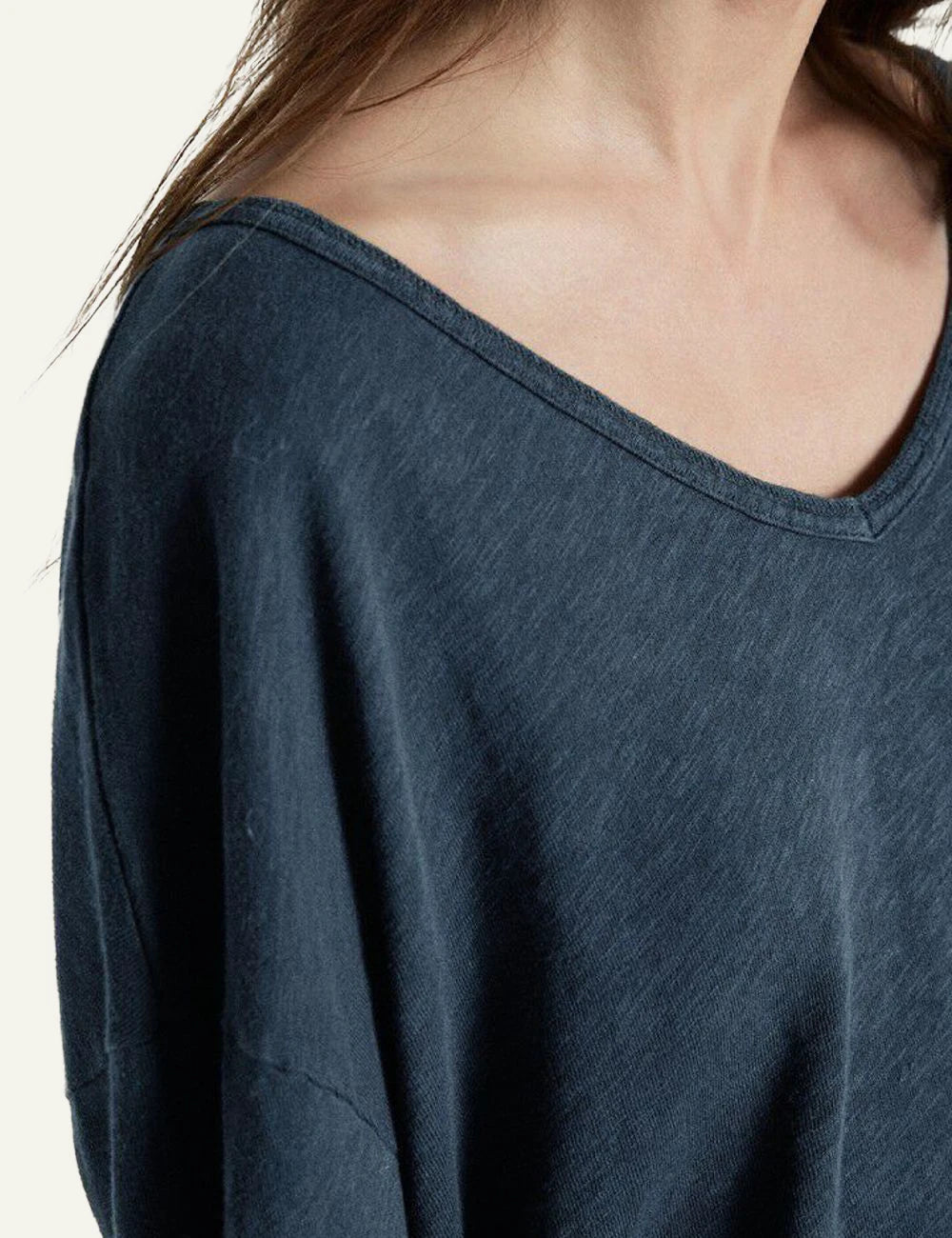 American Vintage long sleeve top navy v-neck front detail view