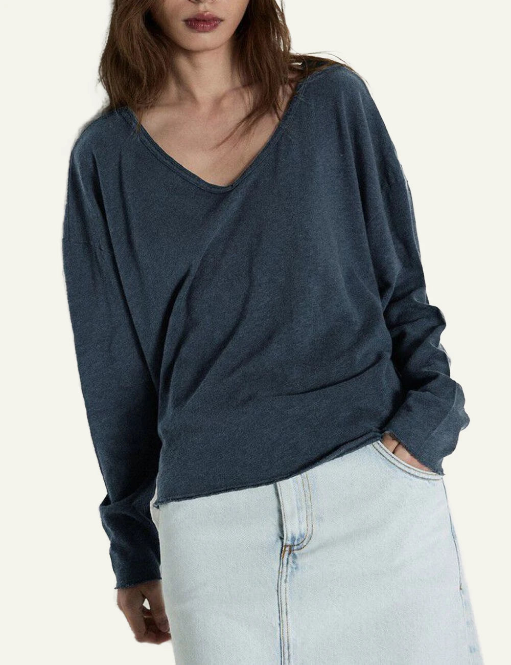 American Vintage long sleeve top navy v-neck front model view