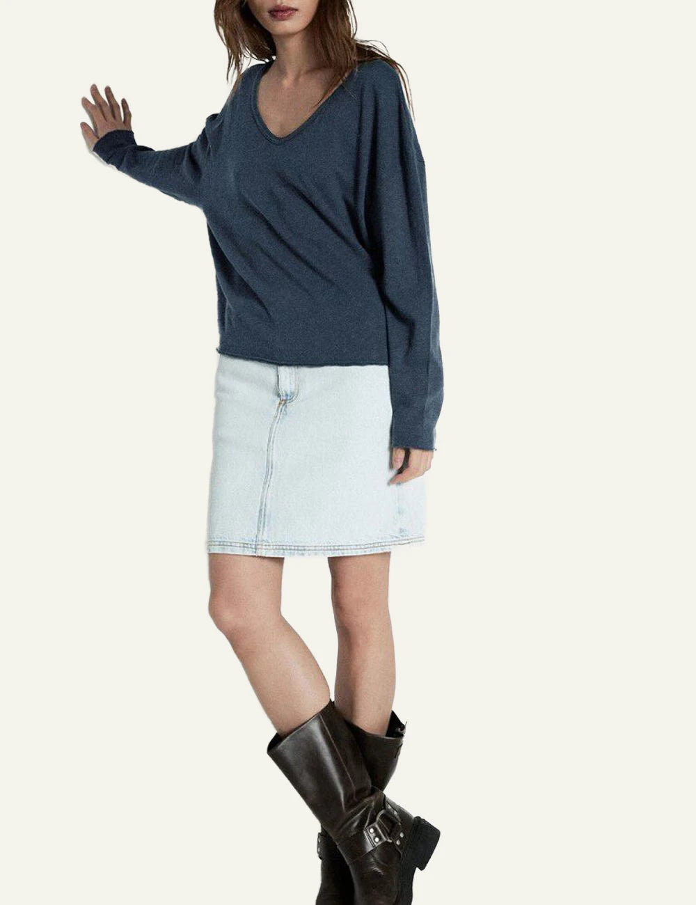 American Vintage long sleeve top navy v-neck front full body view
