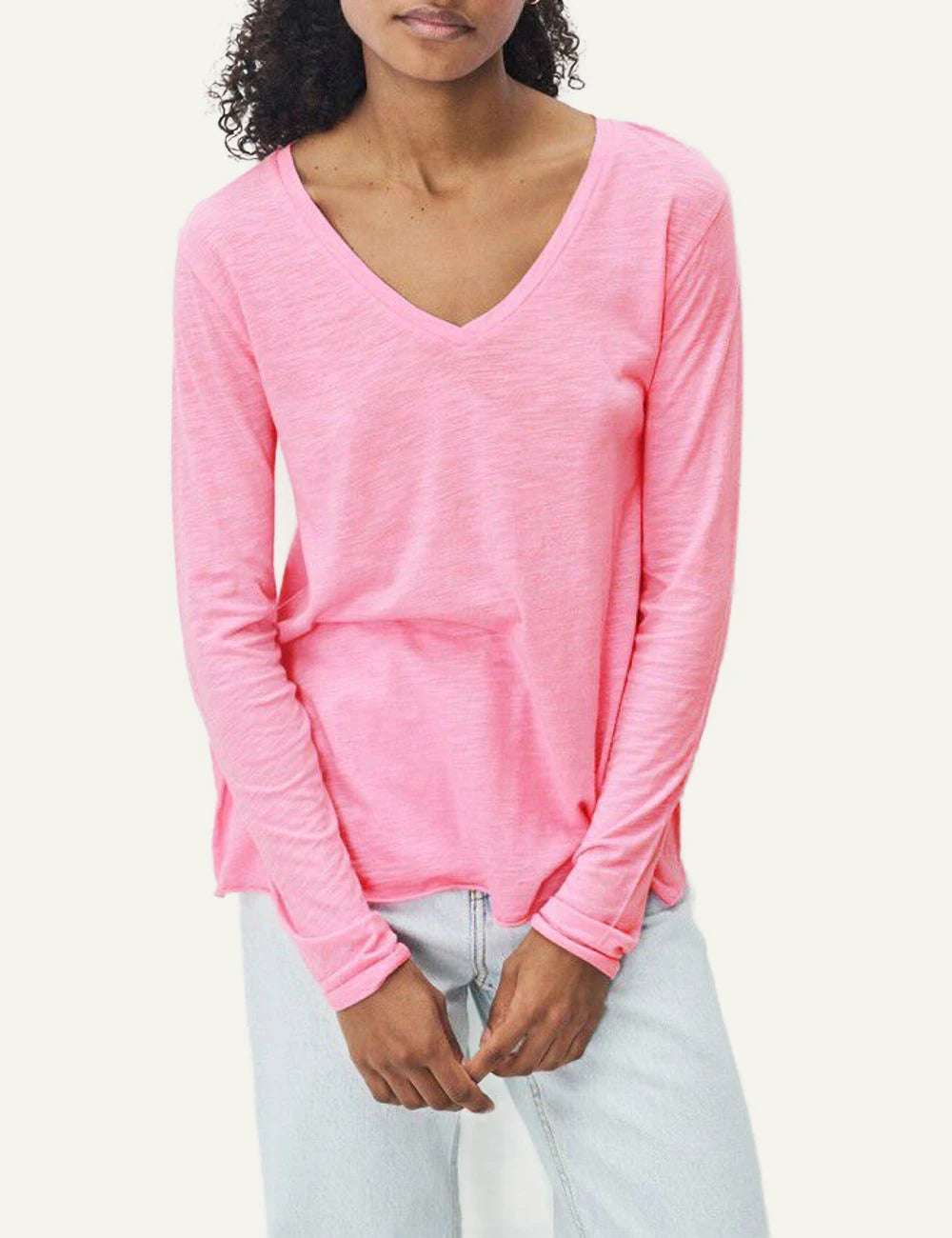 American Vintage long sleeve top pink v-neck front model view