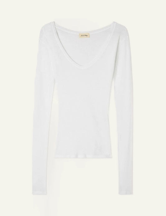 American Vintage long sleeve top white v-neck fitted front flat view