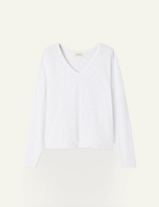 american vintage long sleeve top white v-neck relaxed front flat view