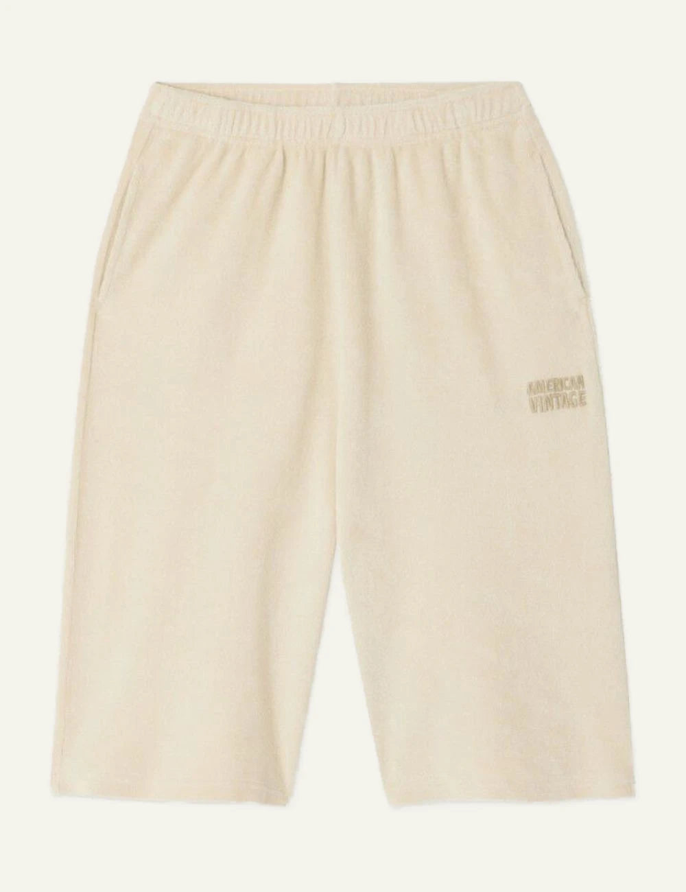 american vintage shorts beige elastic waist logo front flat view