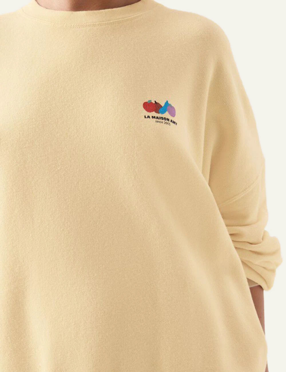 american vintage sweatshirt beige crew neck logo chest front detail view