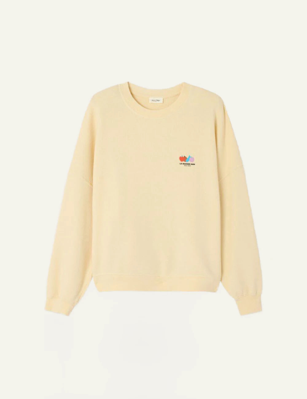 american vintage sweatshirt beige crew neck logo chest front flat view
